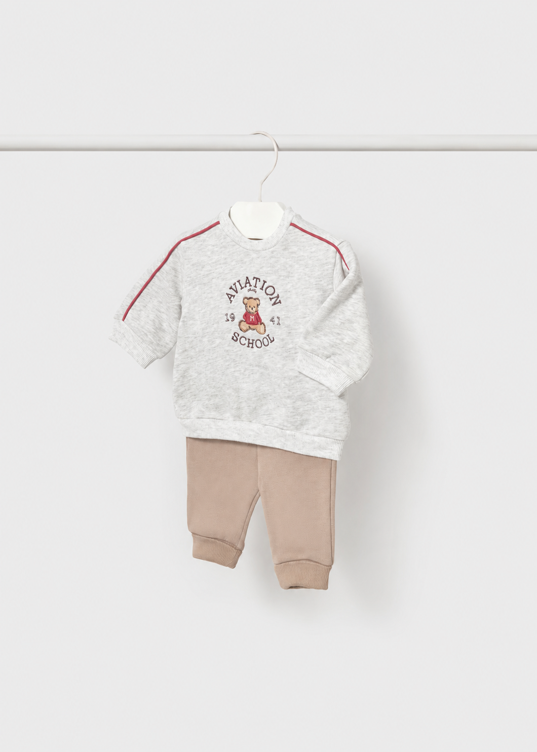 Mayoral newborn baby boys Aviation School tracksuit set with grey teddy sweatshirt and taupe joggers