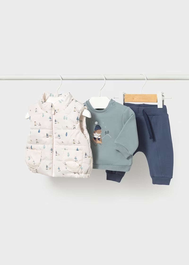 Mayoral newborn baby boys indigo 3 piece tracksuit set with printed padded gilet, blue sweatshirt and navy joggers
