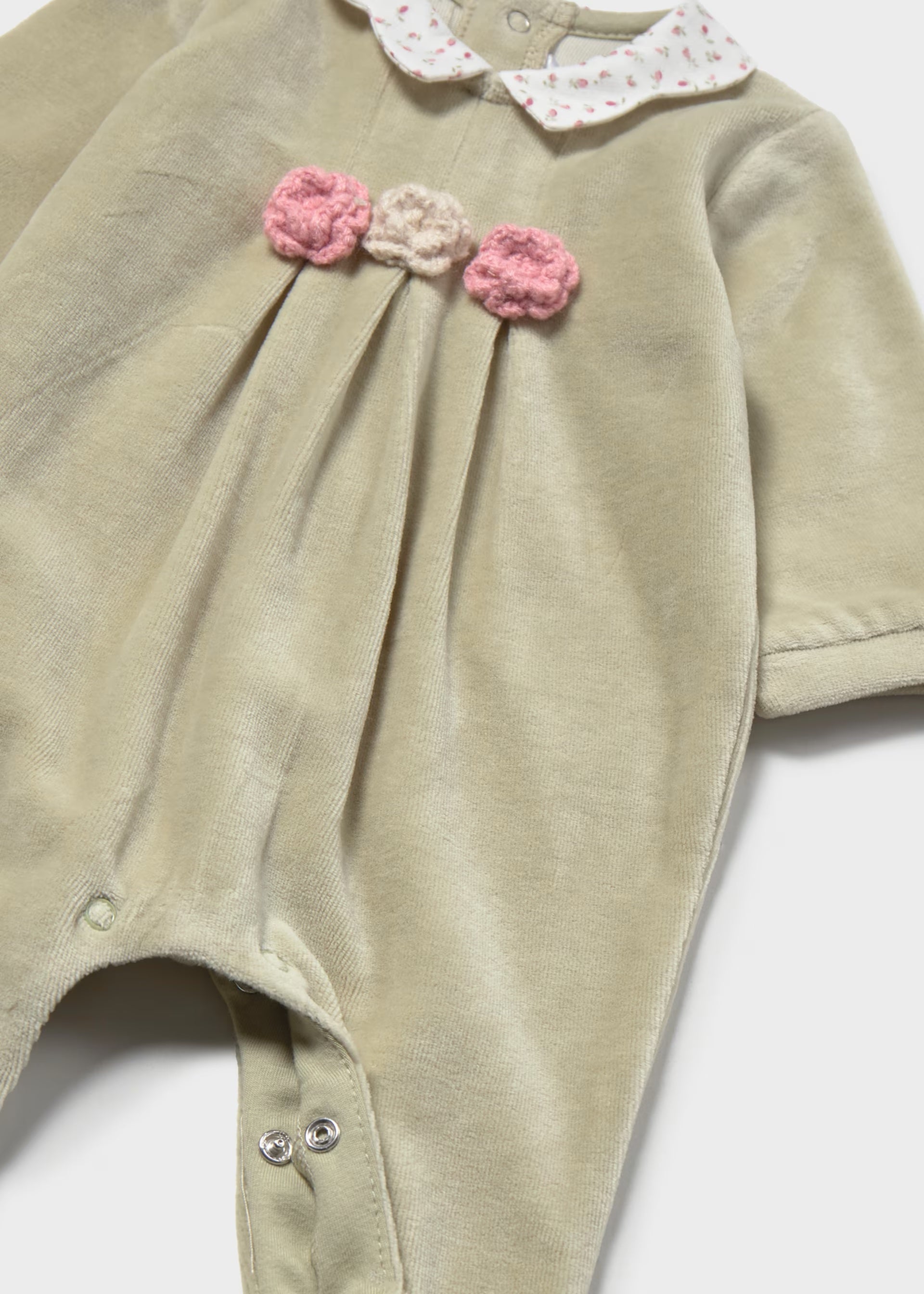 Soft newborn baby girl velour sleepsuit with floral appliqué by Mayoral