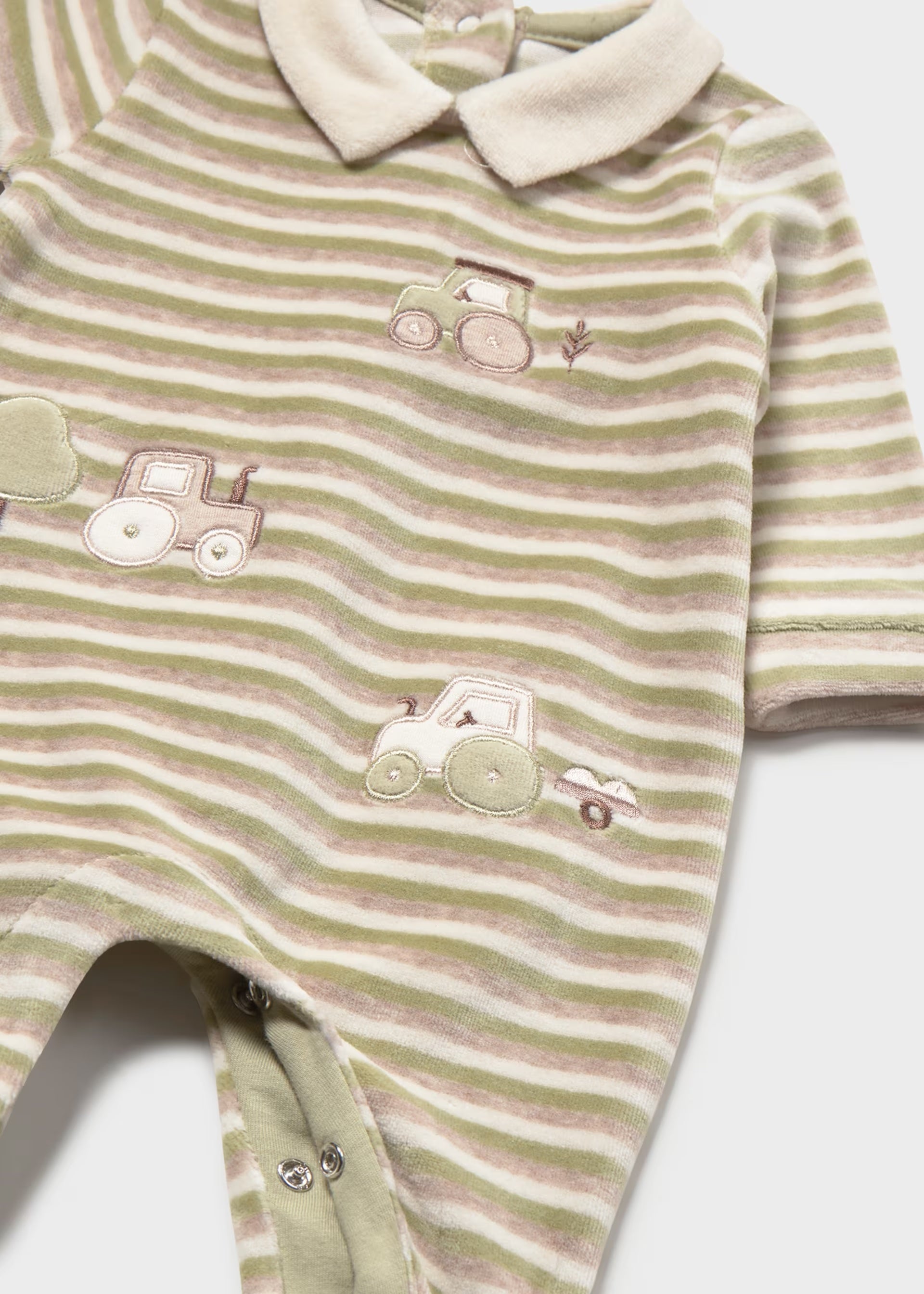 Mayoral baby boys striped velour sleepsuit with tractor embroidery