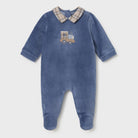 Mayoral newborn baby boys blue velour tractor babygrow