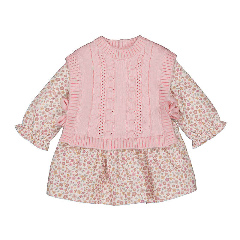 Mayoral newborn baby girls pink floral long-sleeved dress with cable-knit vest overlay and side bows