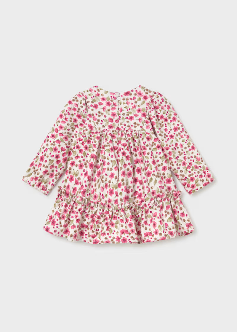 Mayoral pink blossom velvet dress for baby girls with long sleeves and tiered ruffle hem
