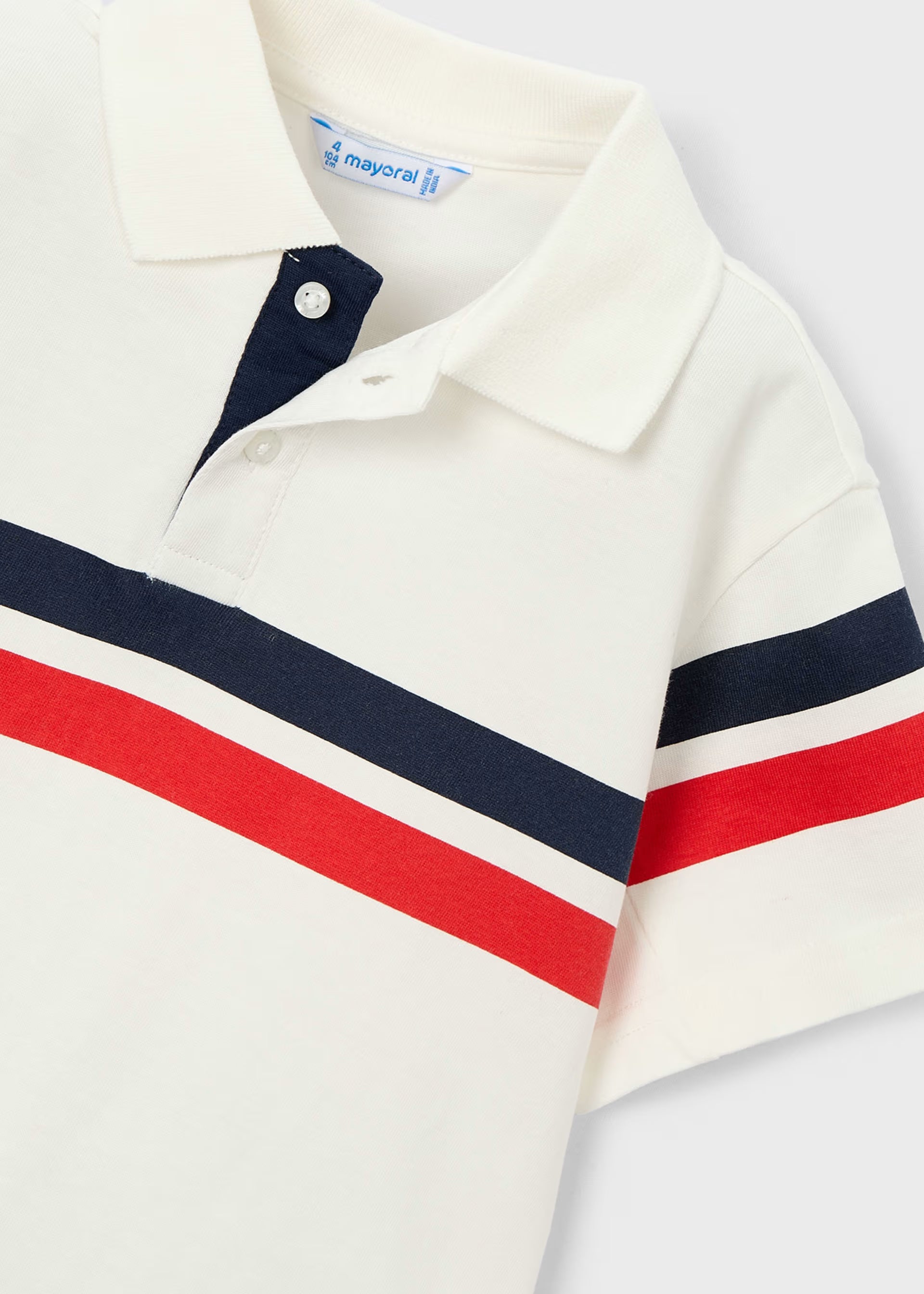 Mayoral boys short sleeve striped polo top close up view