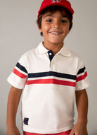 Mayoral boys cream striped polo top worn on model Aged 8 years