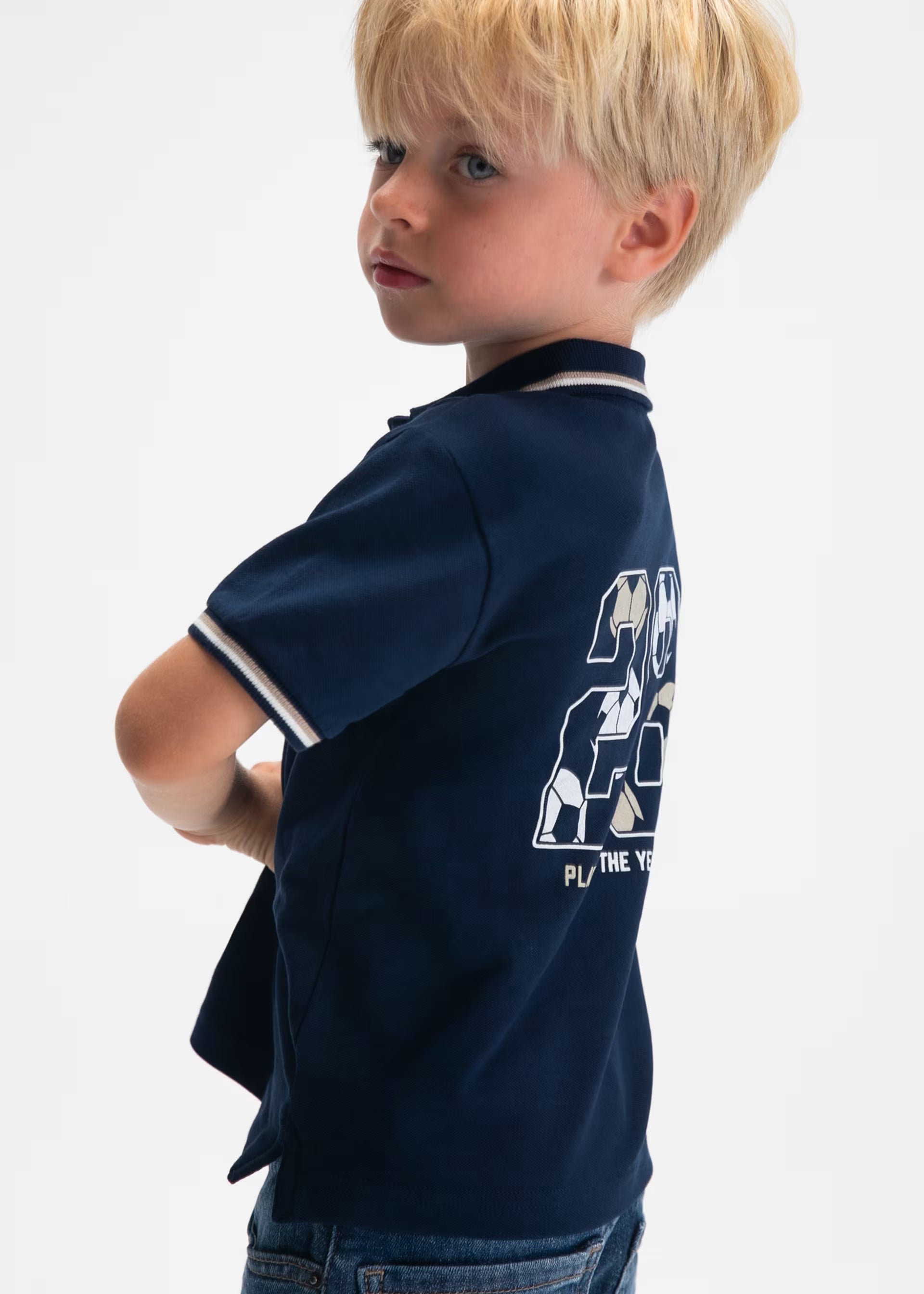 Mayoral boys navy short sleeve polo top side view
