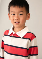 Mayoral boys long sleeve striped polo top close up on model