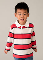 Mayoral boys red and navy striped polo top worn on boy aged 7 years 