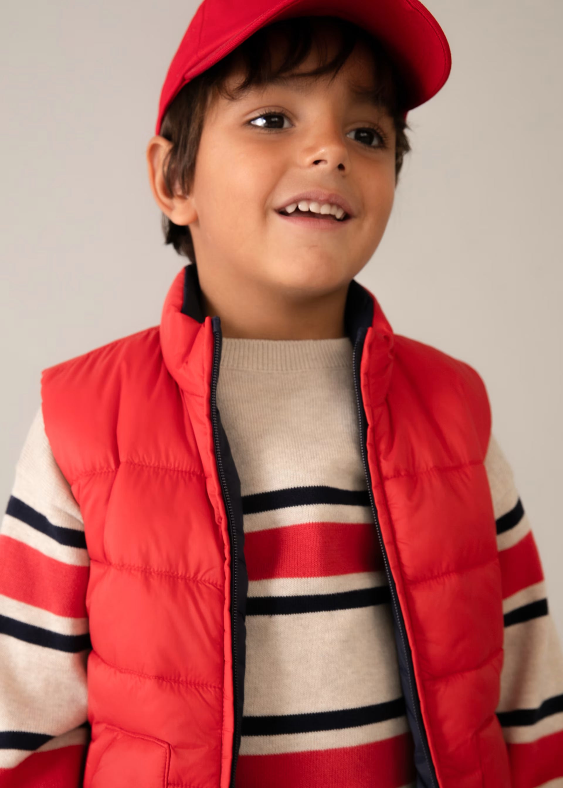 Mayoral boys red padded gilet close up on model Aged 8 years 