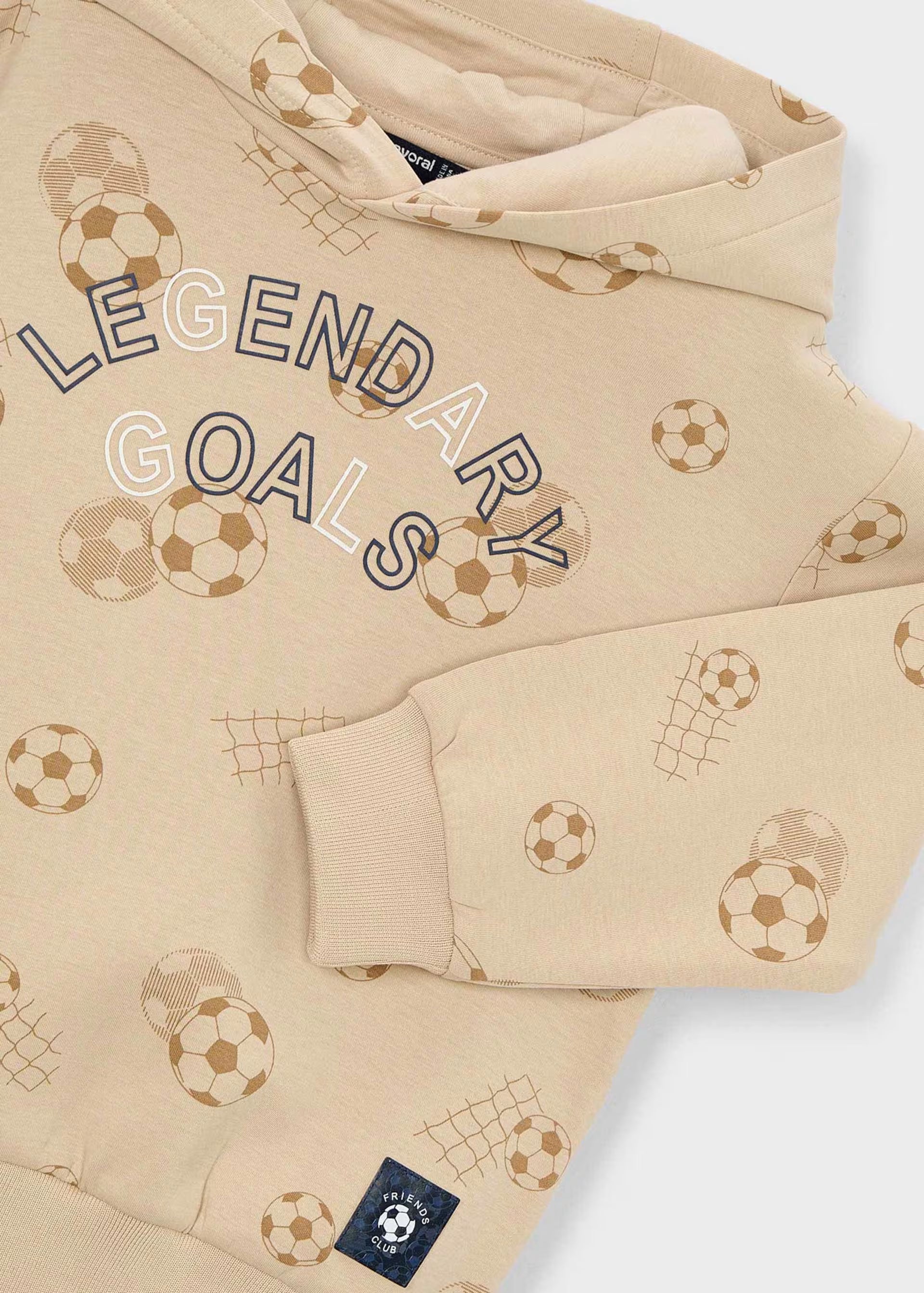 Mayoral boys beige cotton hoodie football print close up