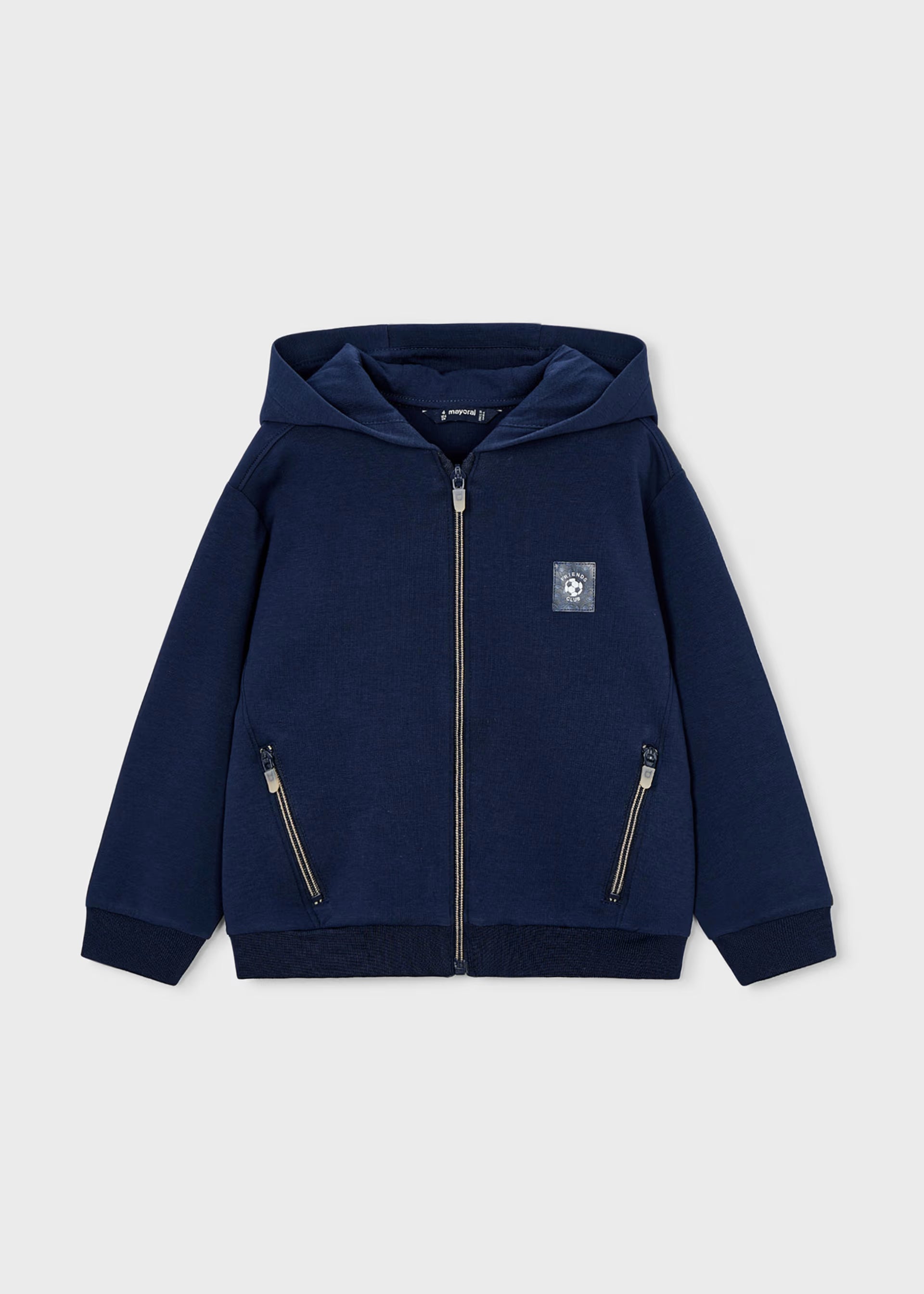 Mayoral boys navy zip up hoodie top front view