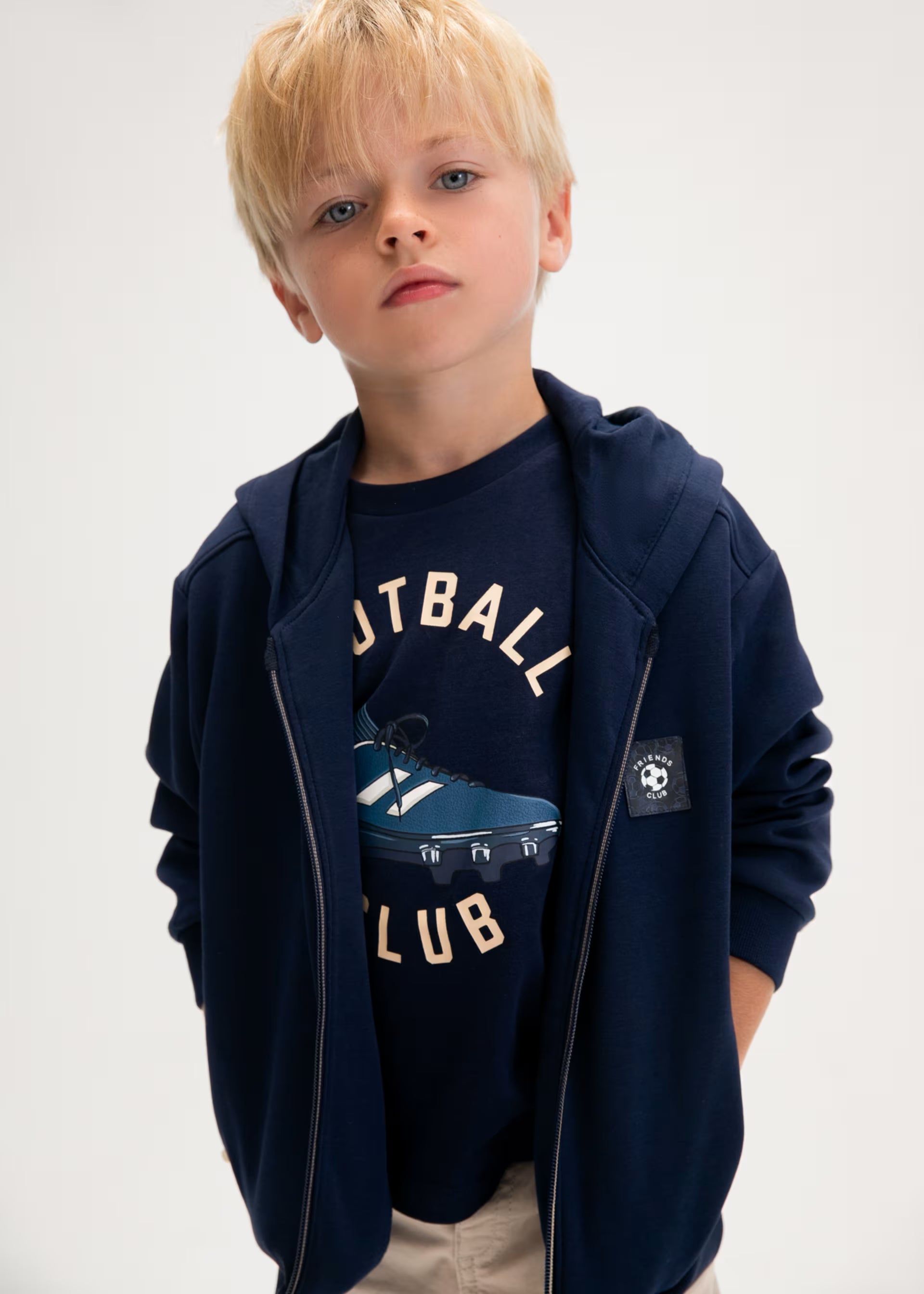 Mayoral boys navy casual zip up hoodie worn model view