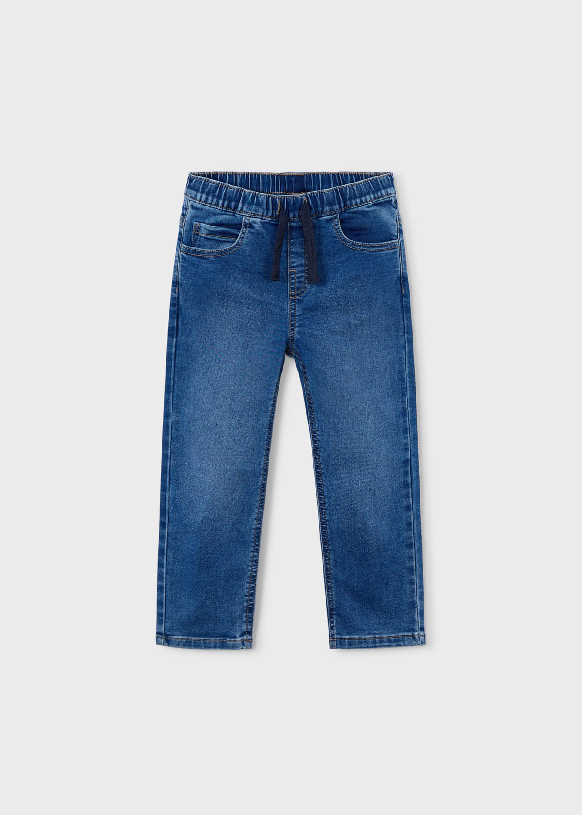 Mayoral boys soft denim jogger trousers blue front view