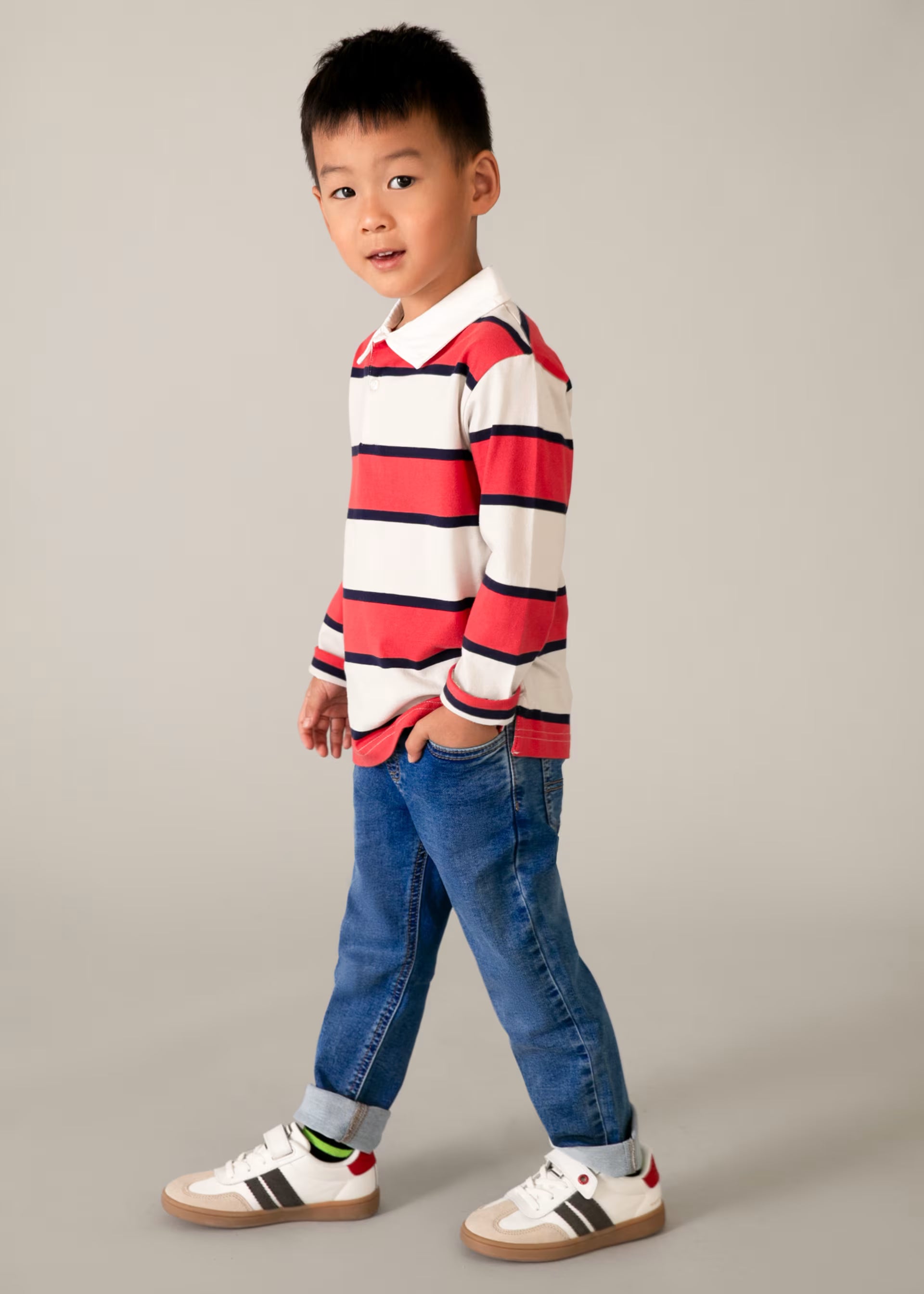 Mayoral boys soft denim jogger trousers worn on model side view