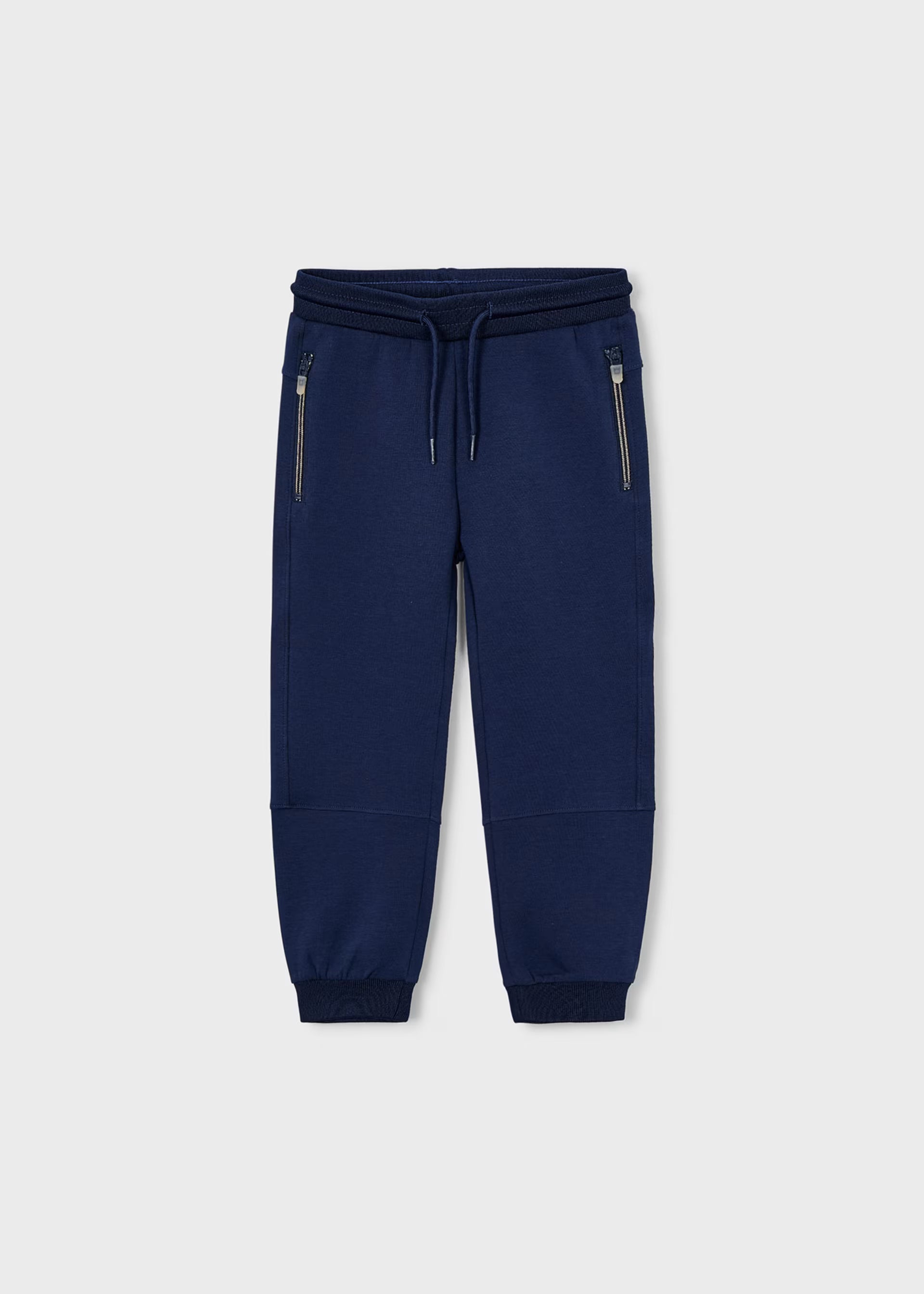 Mayoral boys navy tracksuit trousers with zip pockets front view