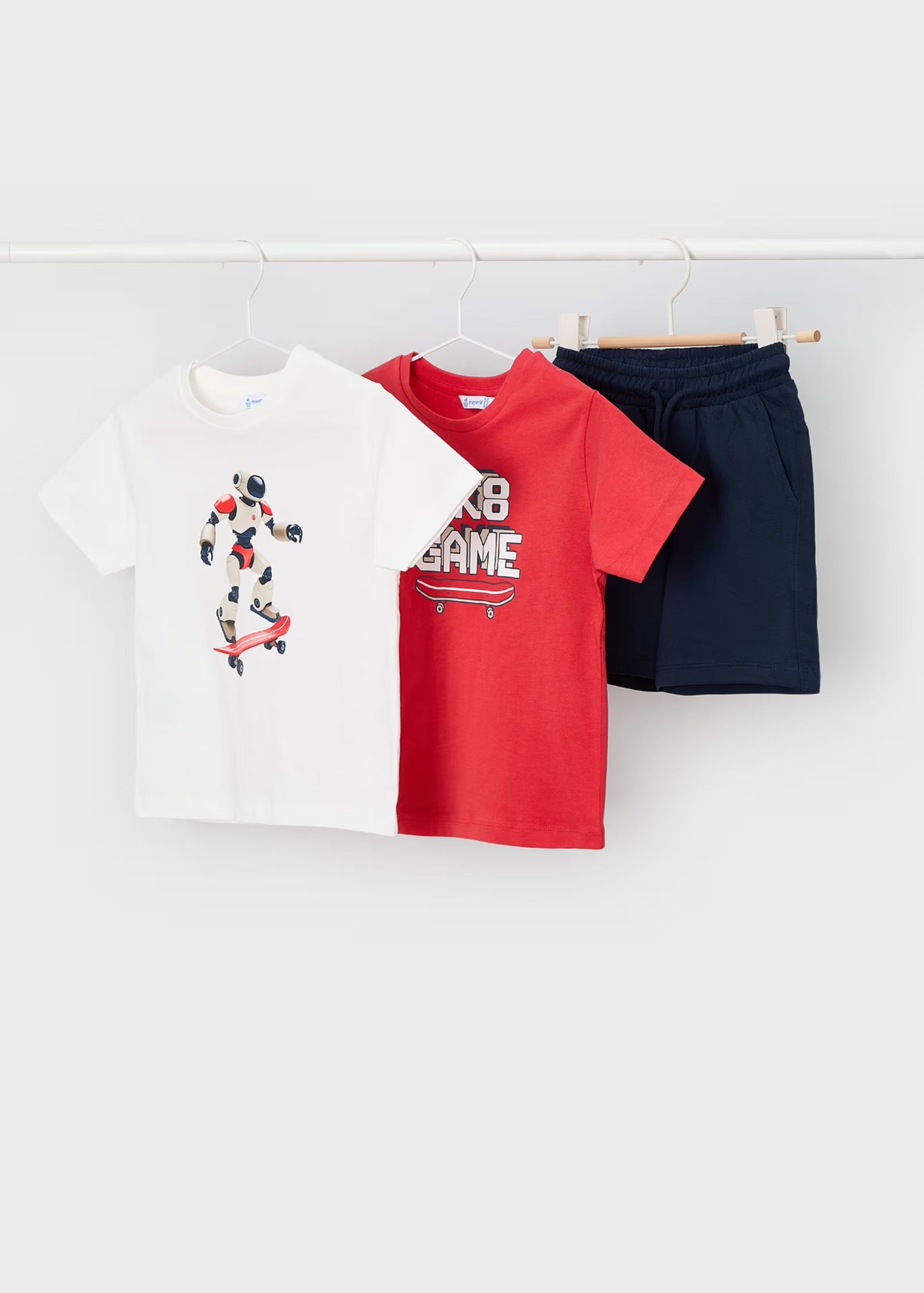 Mayoral boys robot skater 3 piece outfit set t-shirts and shorts front view