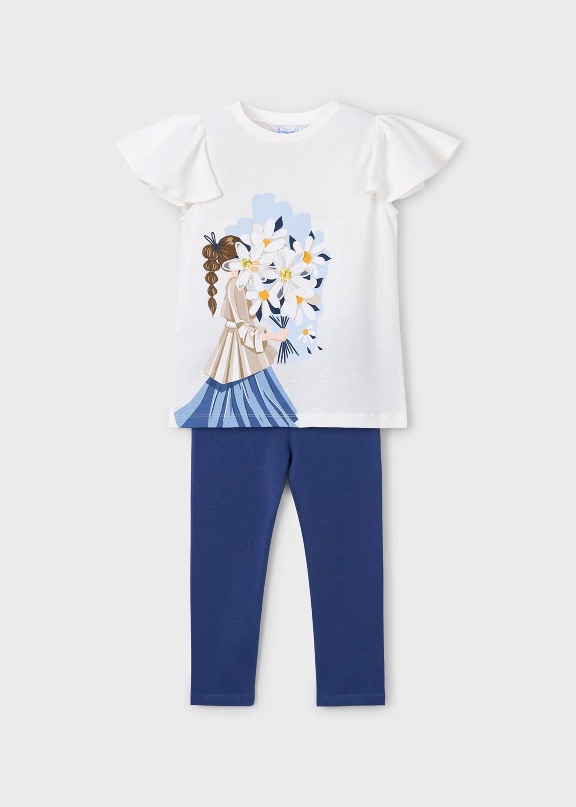 Mayoral girls outfit set with floral print top and leggings in blue