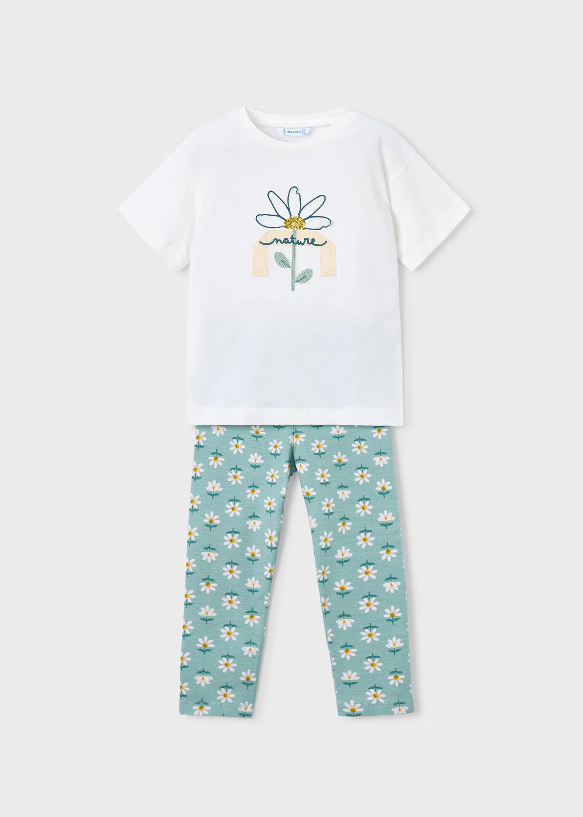 Mayoral girls lake green leggings and white top set front view