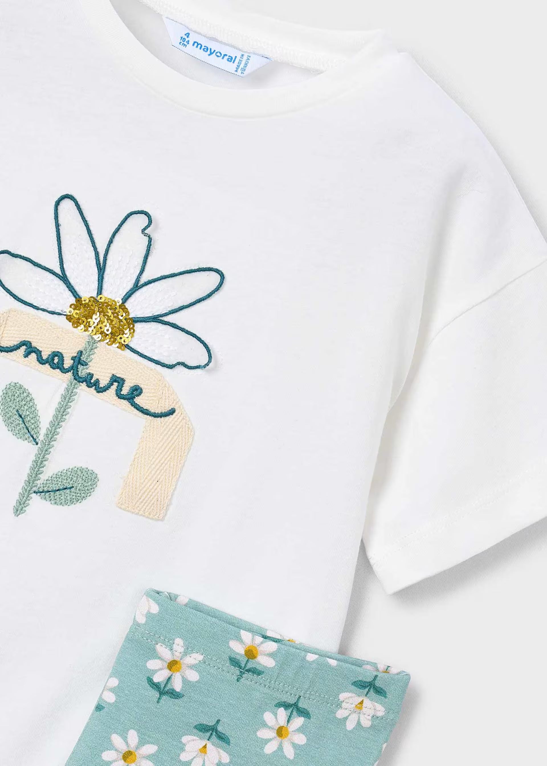 Mayoral girls daisy print top and lake green leggings detail
