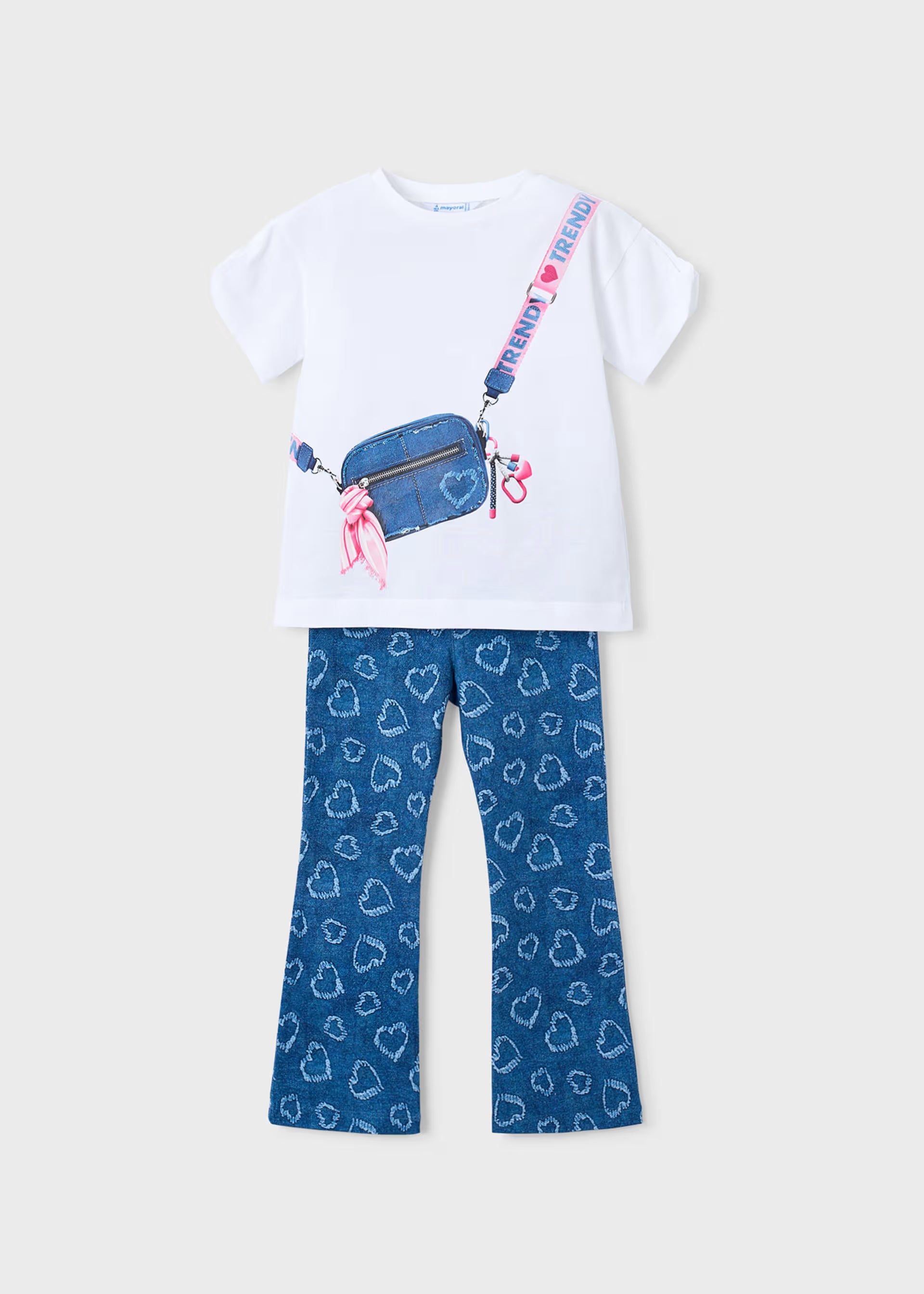 Mayoral girls white top blue heart print leggings set front view