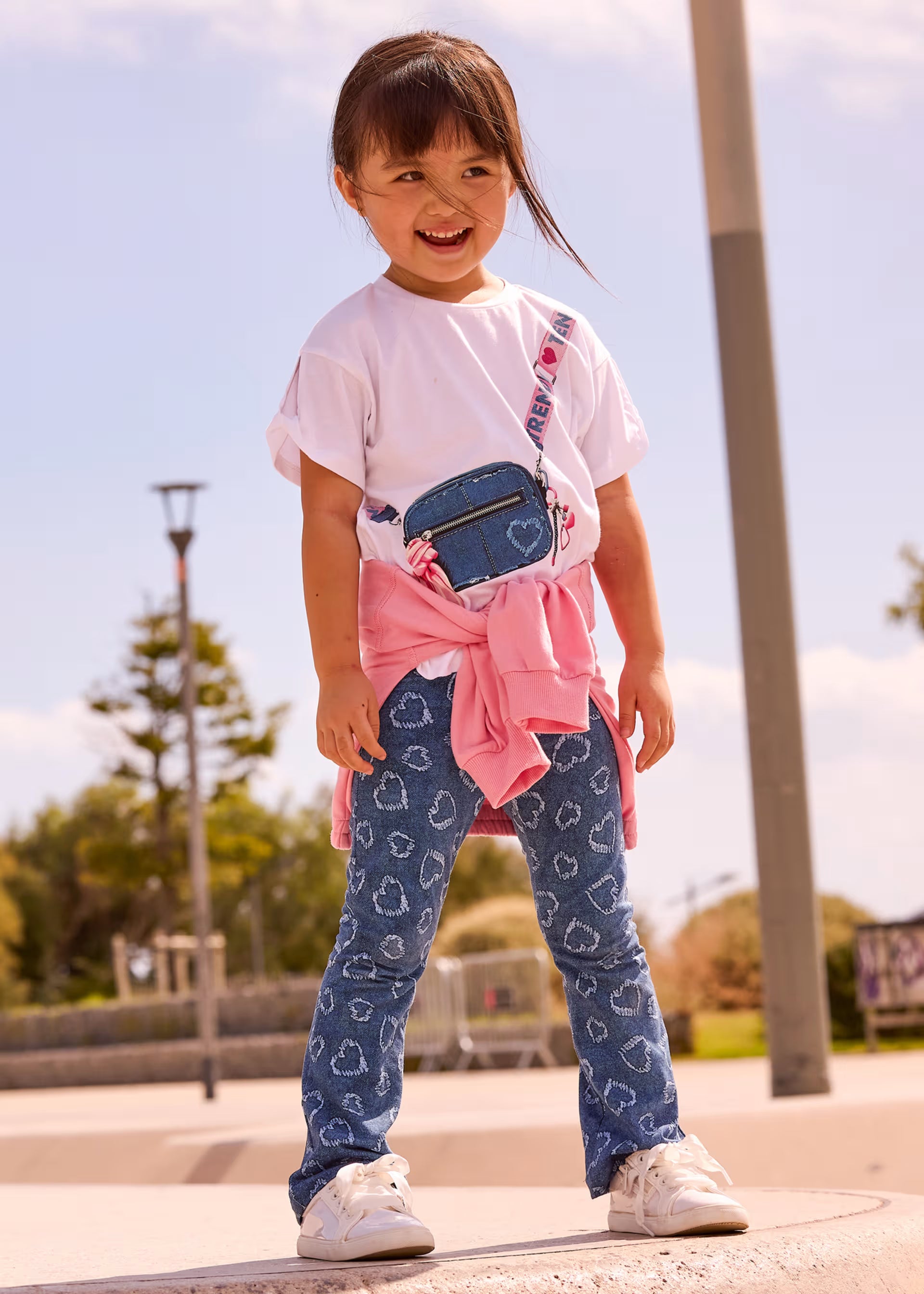 Mayoral girls outfit set bag print top and heart leggings detail