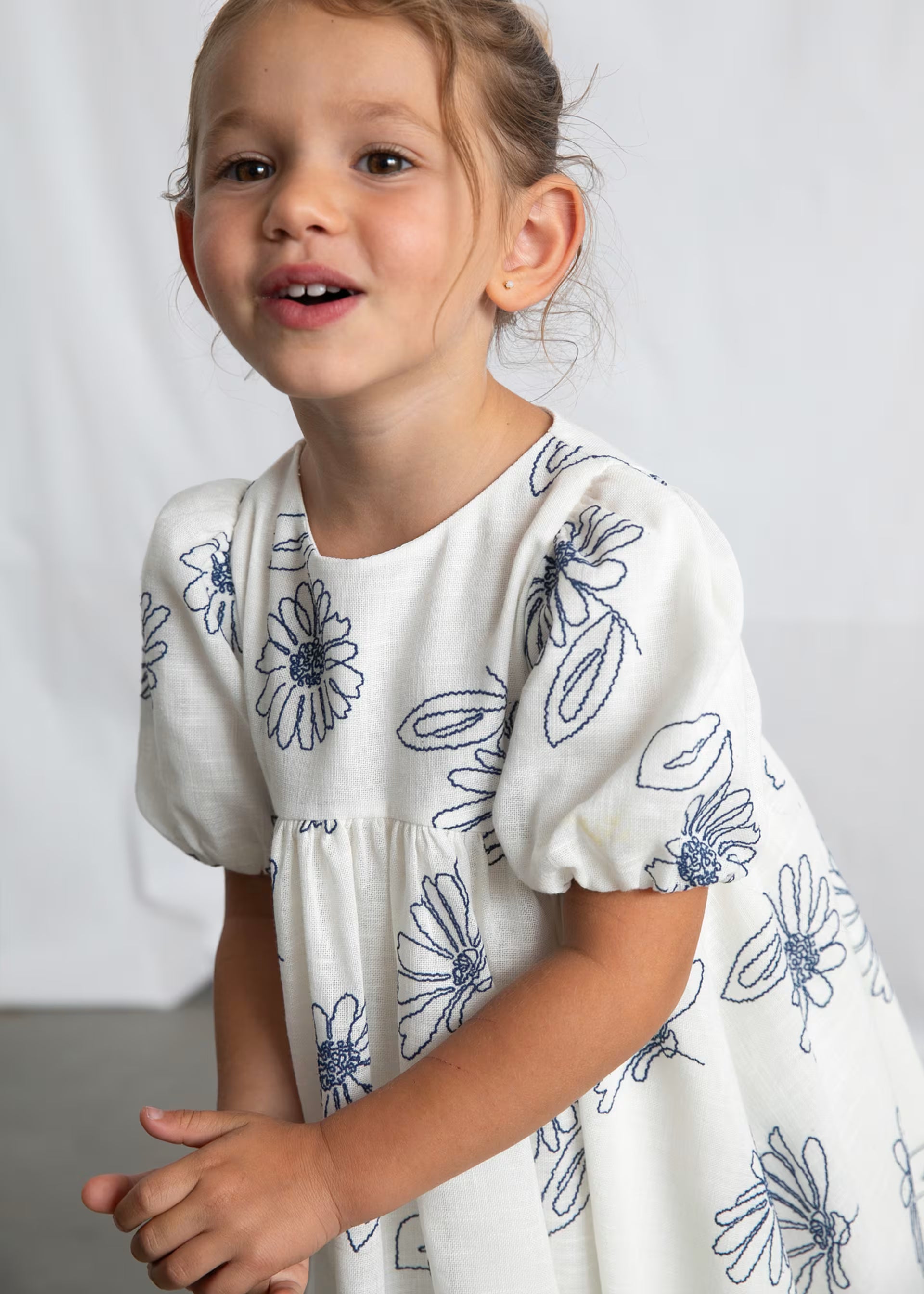 Mayoral girls floral embroidered dress worn puff sleeve detail