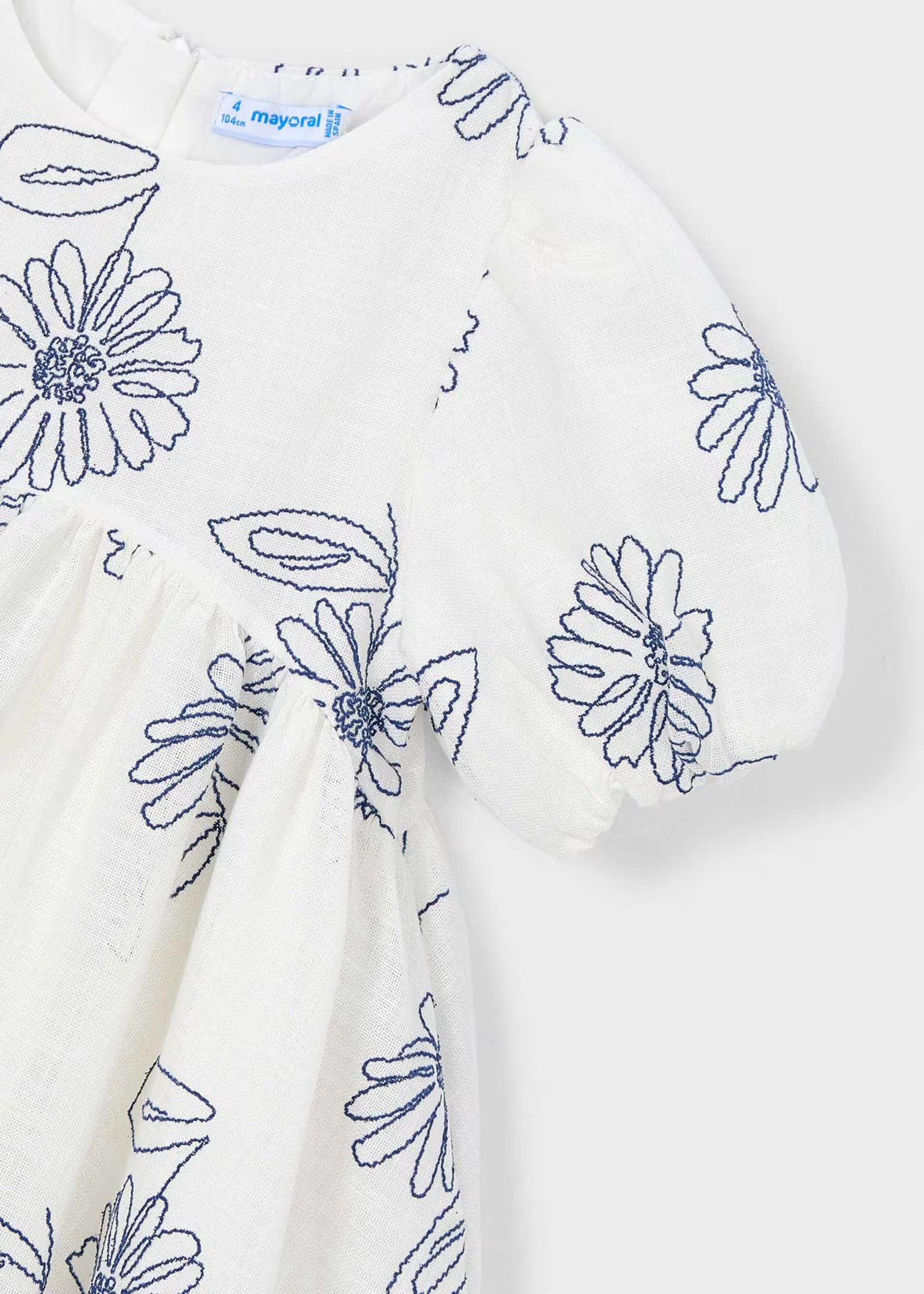 Mayoral girls white and blue floral embroidery dress close up