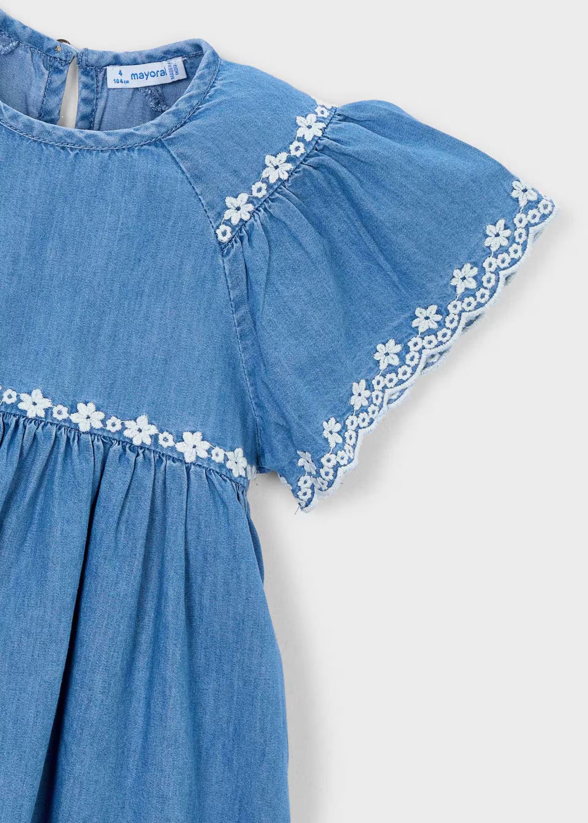 Mayoral girls denim dress embroidered lace sleeve detail