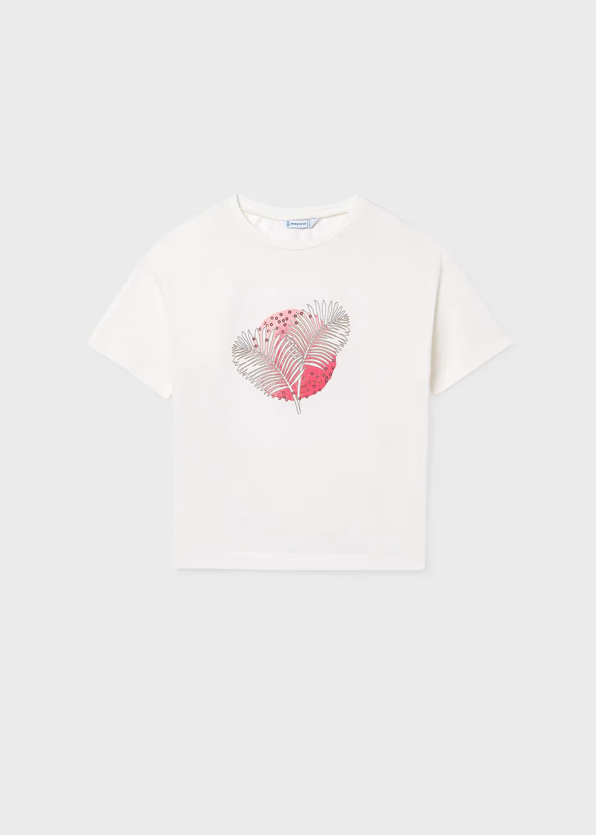 Mayoral girls coral feather motif short sleeve t-shirt front view