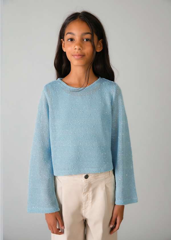 Mayoral girls lightweight knit top aqua with beige trousers 