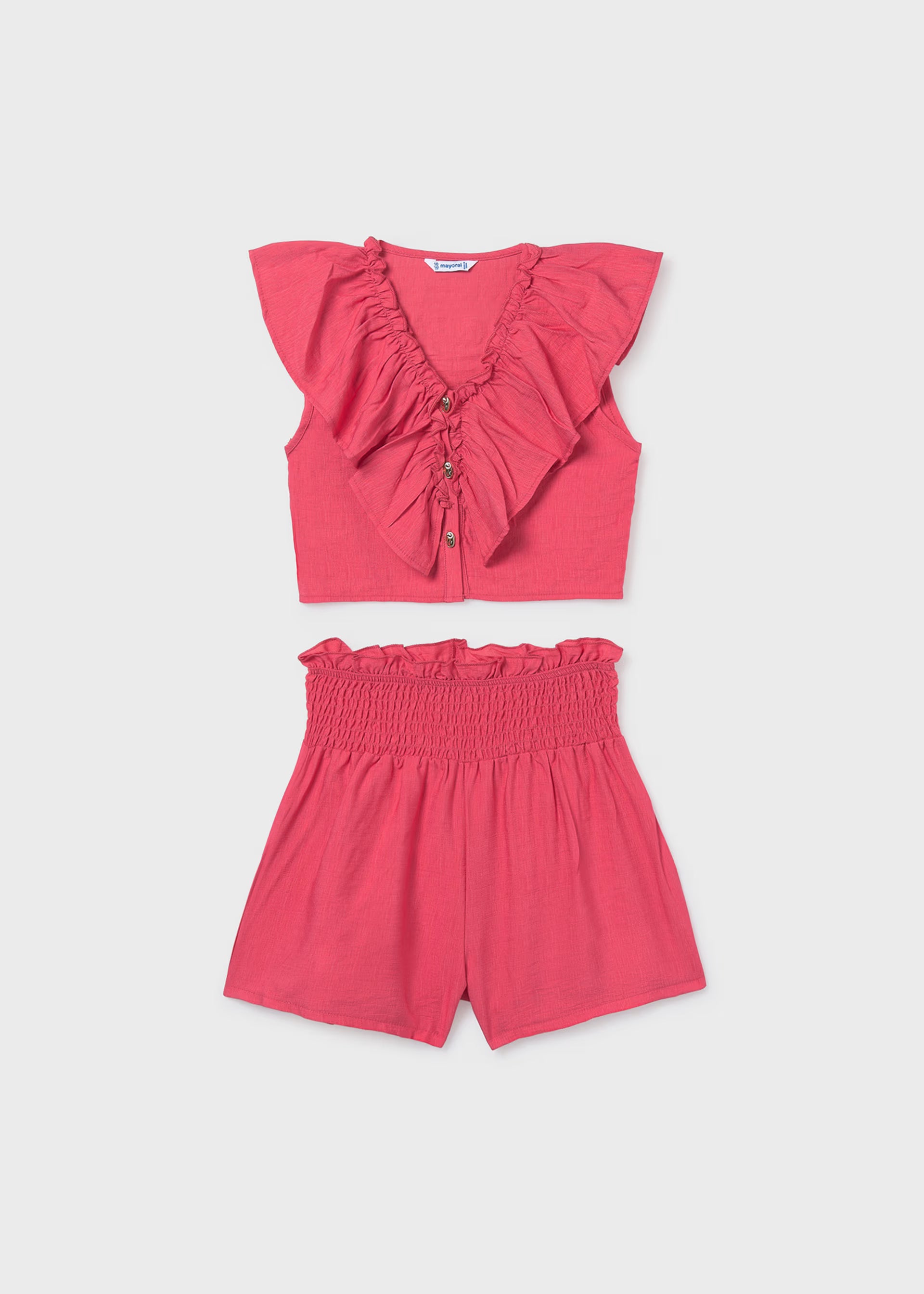 Mayoral girls pink ruffle top and shorts outfit set front view
