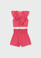 Mayoral girls pink ruffle top and shorts outfit set front view