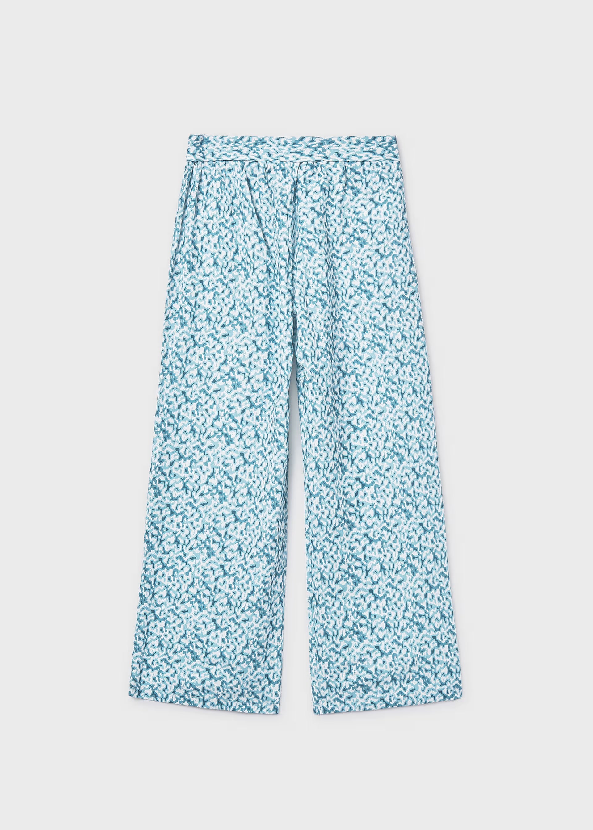Mayoral girls turquoise print wide leg trousers full length view
