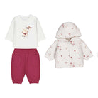 Mayoral newborn baby girls plum 3 piece tracksuit set with printed hooded jacket, cream sheep top and joggers