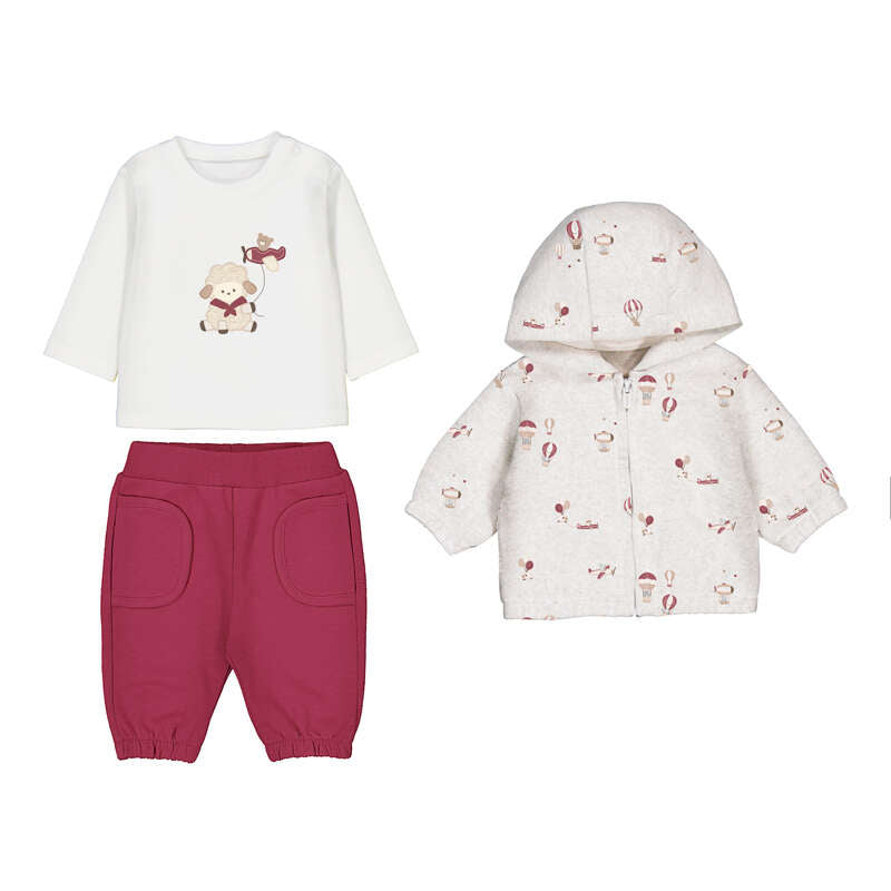 Mayoral newborn baby girls plum 3 piece tracksuit set with printed hooded jacket, cream sheep top and joggers