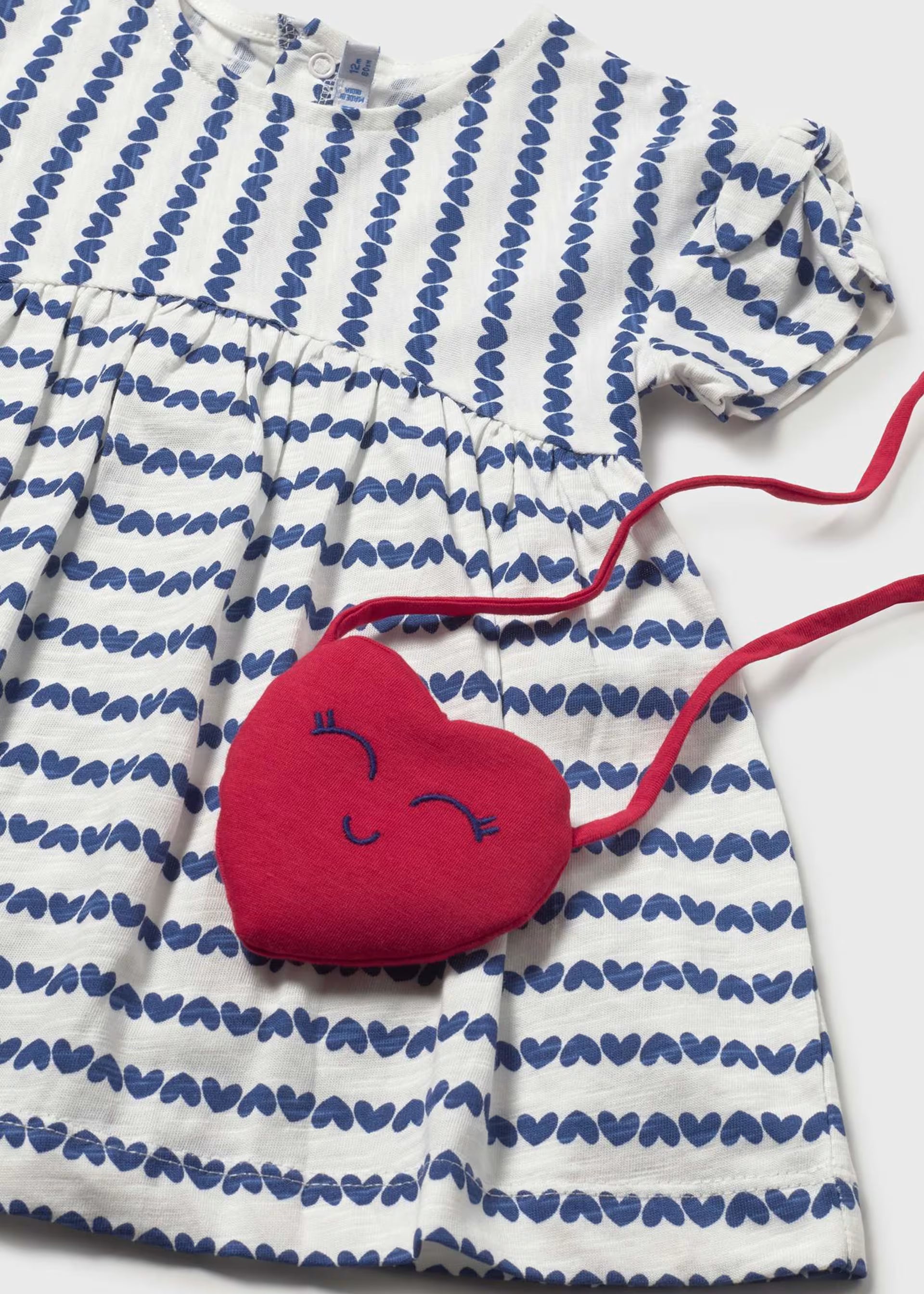 Mayoral girls baby toddler blue hearts dress with red heart bag detail