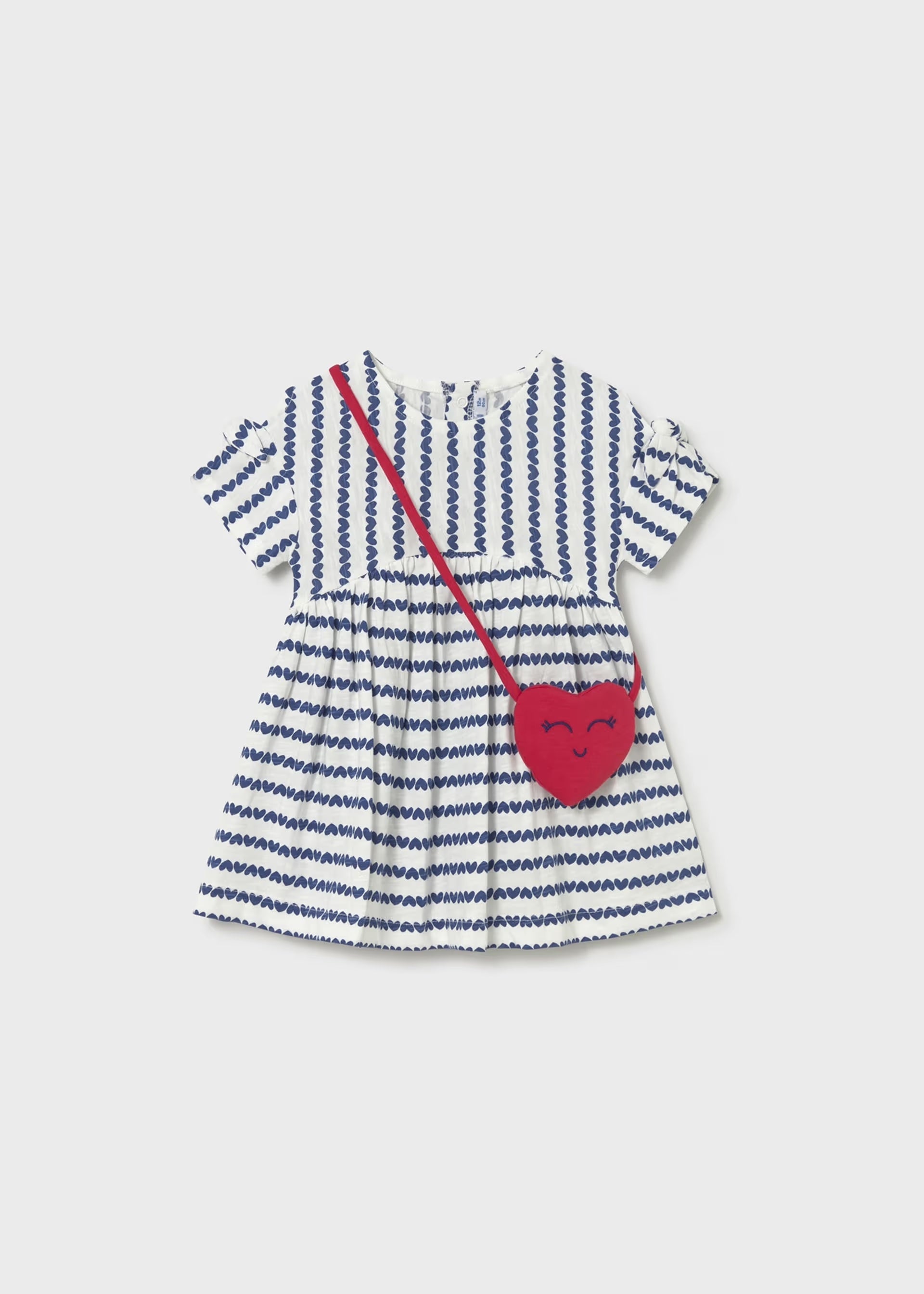 Mayoral girls blue hearts dress with matching red heart bag front view