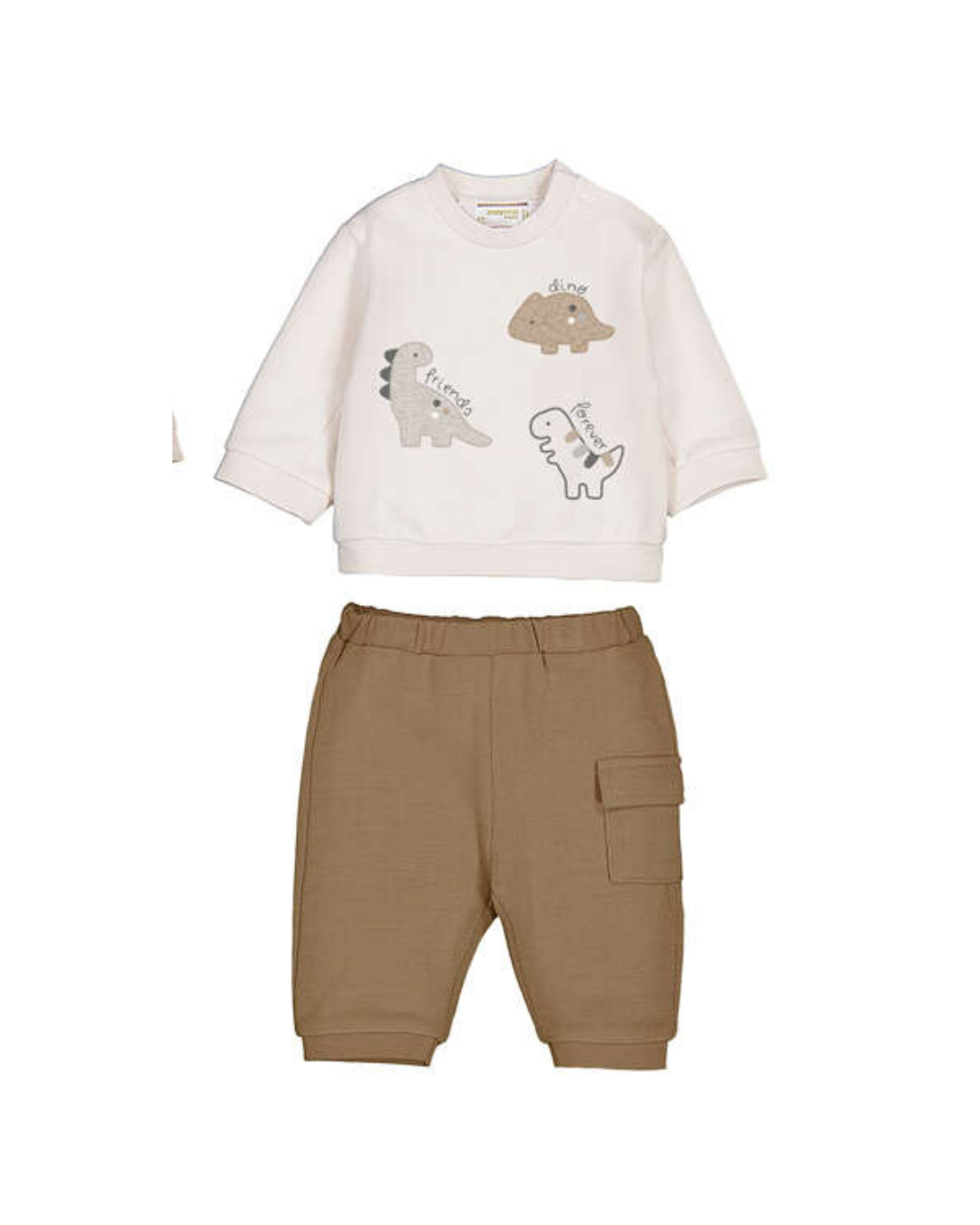Mayoral baby boys dinosaur tracksuit set with cream Dino Friends sweatshirt and brown cargo trousers