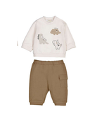 Mayoral baby boys dinosaur tracksuit set with cream Dino Friends sweatshirt and brown cargo trousers