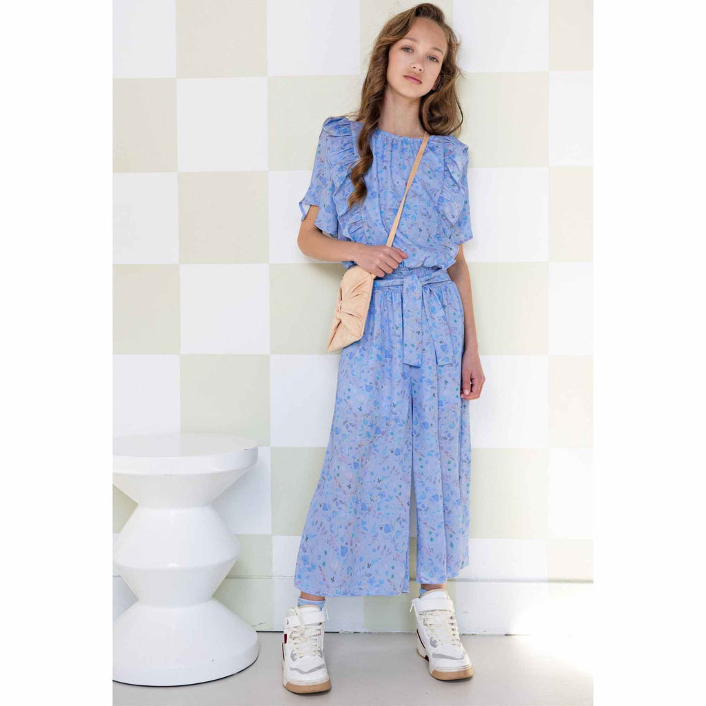 NoNo Girls Blue Floral Belted Jumpsuit With Frills