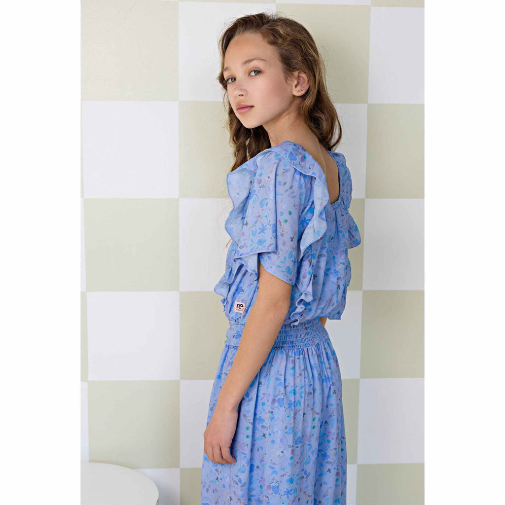 NoNo Girls Blue Floral Jumpsuit With Short Sleeves