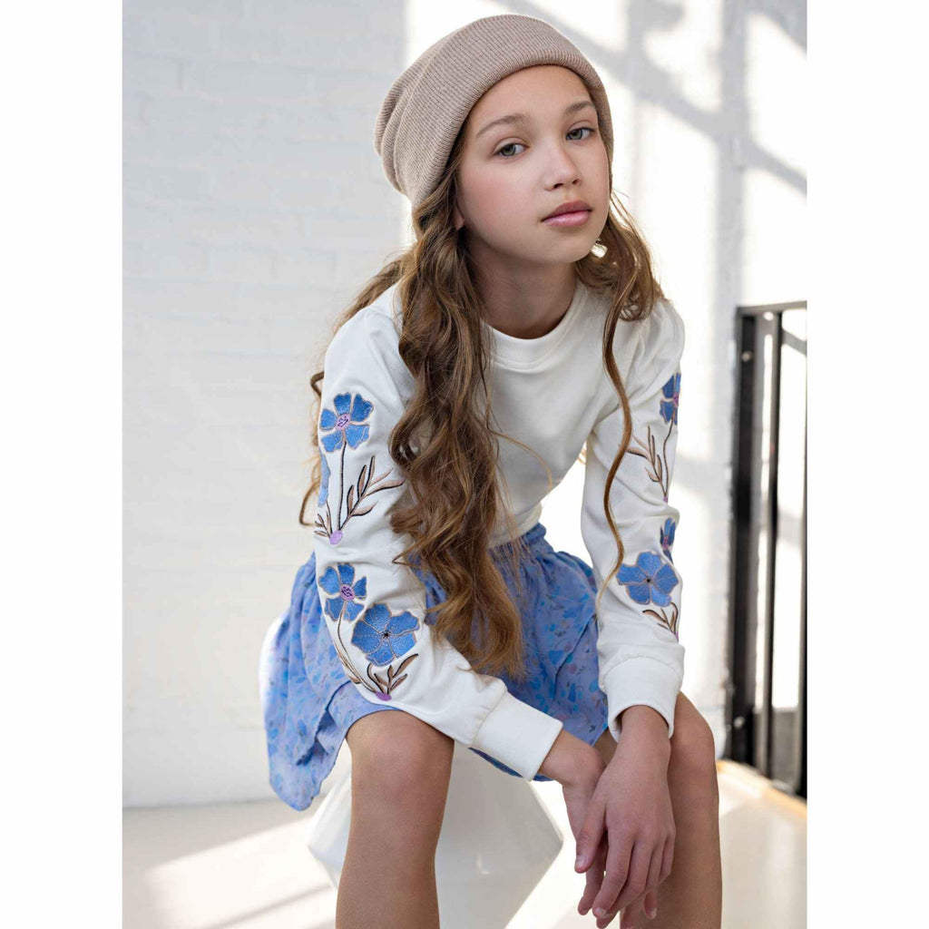 NoNo Girls Blue & White Embroidered Flower Sweater