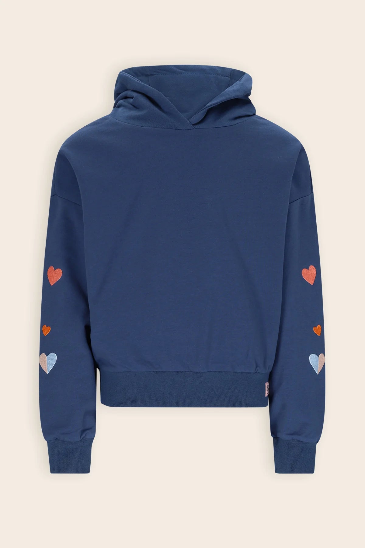 NoNo girls blue hoodie with embroidered heart sleeves front view