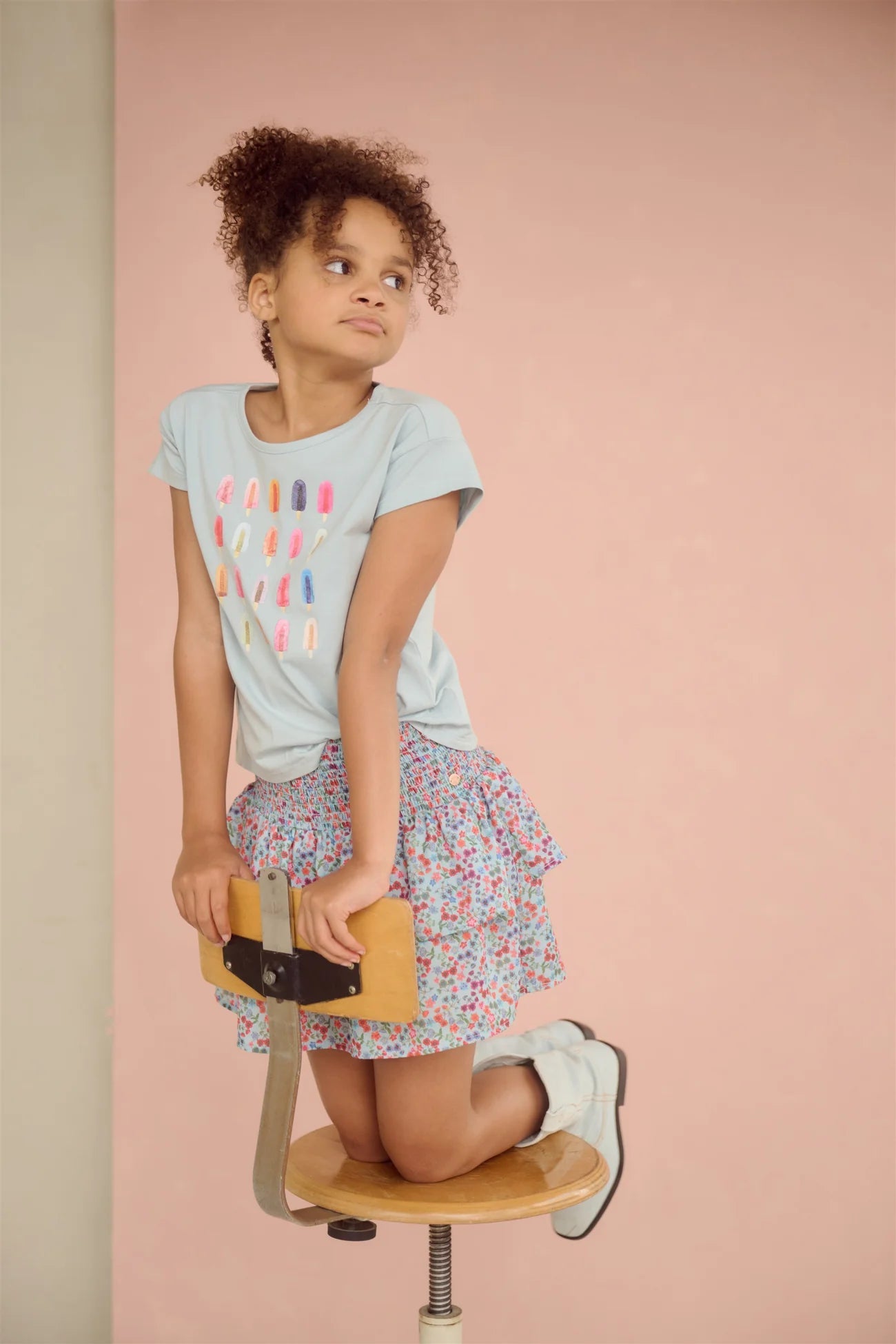 NoNo girls blue t-shirt ice cream print outfit with matching Nika floral skirt