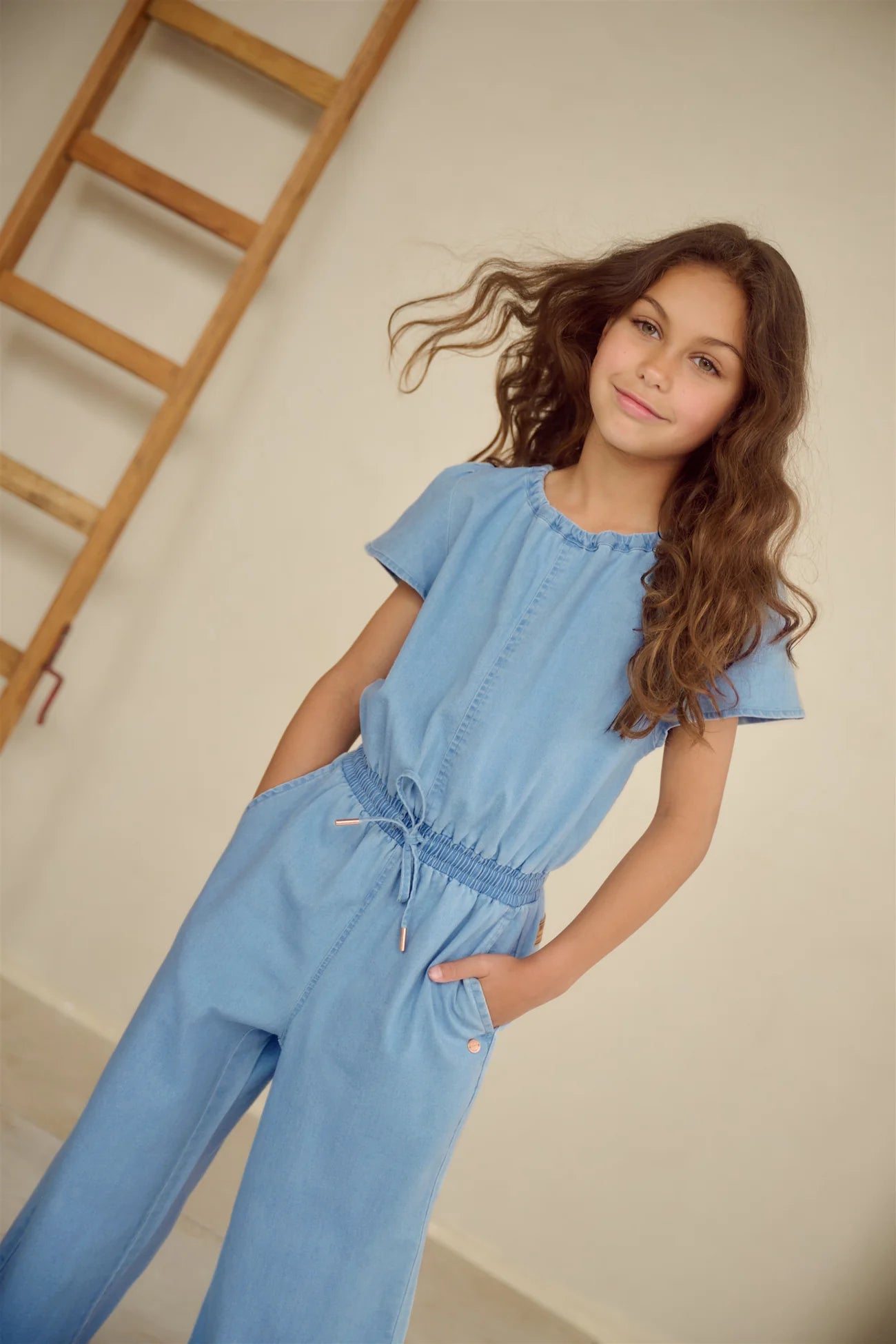 NoNo girls denim jumpsuit light blue worn full outfit