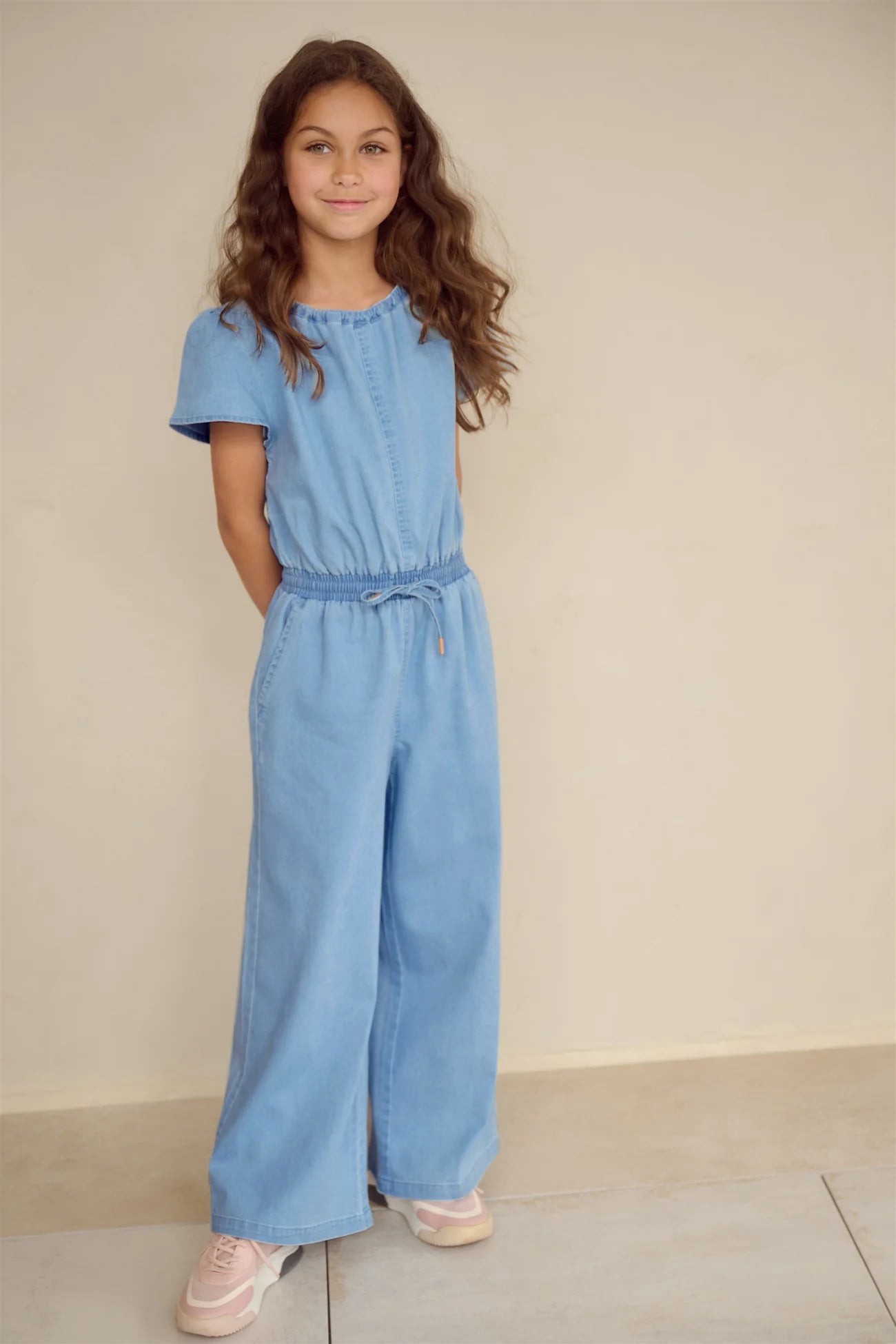 NoNo light blue denim jumpsuit for girls with wide leg detail
