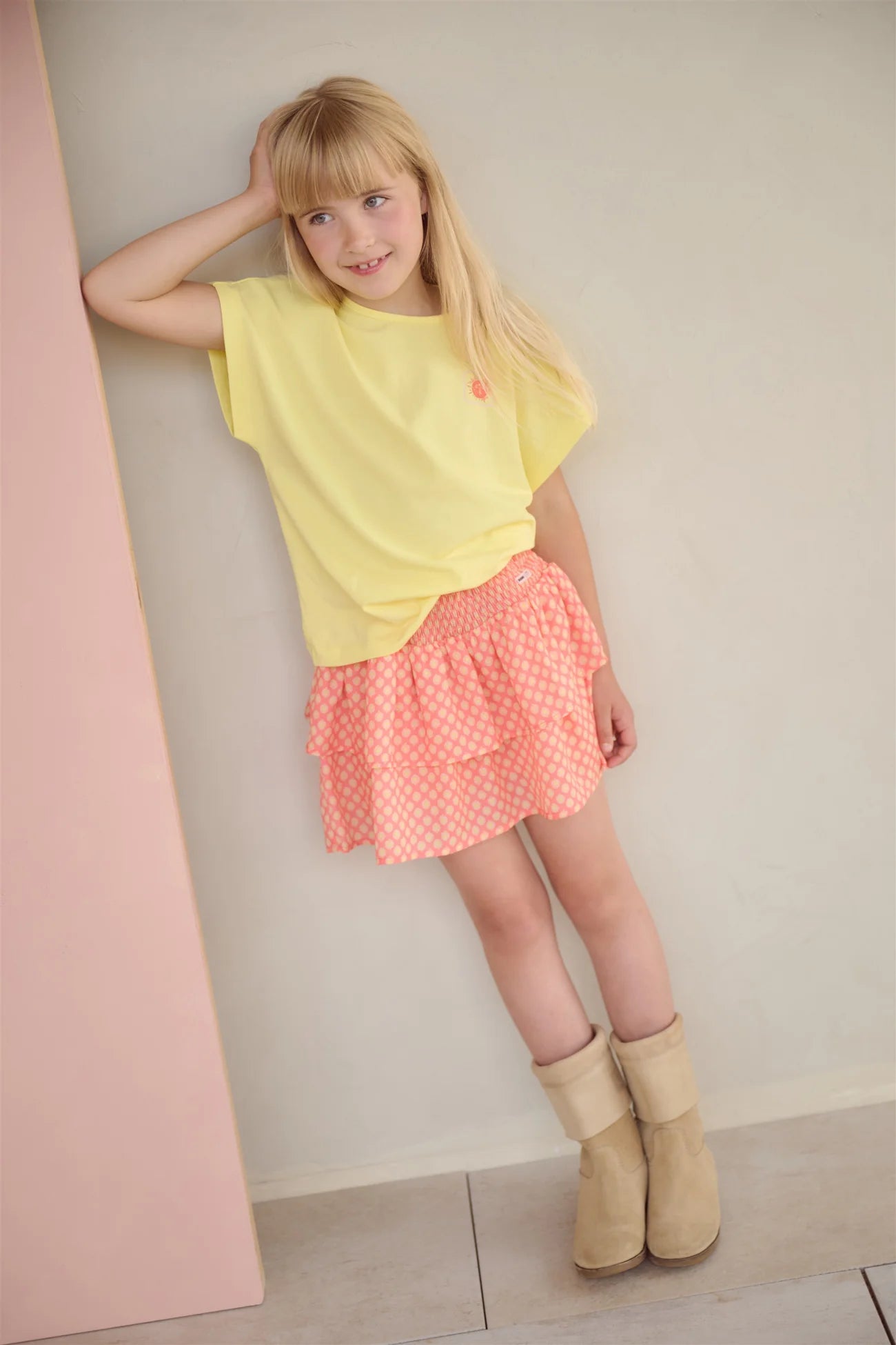 NoNo girls coral skirt worn with yellow top outfit