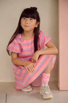 NoNo girls striped occasion dress worn with short sleeves and gathered skirt