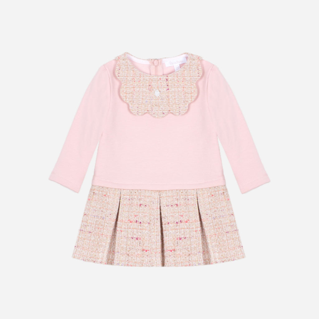 Patachou Pink Baby Girls Pleated Tweed Style Long Sleeve Dress front view