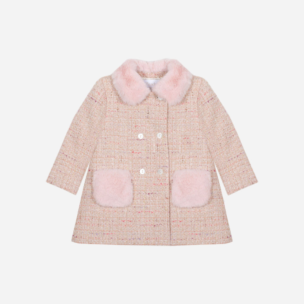 Patachou pink tweed coat for girls with faux fur collar and pockets
